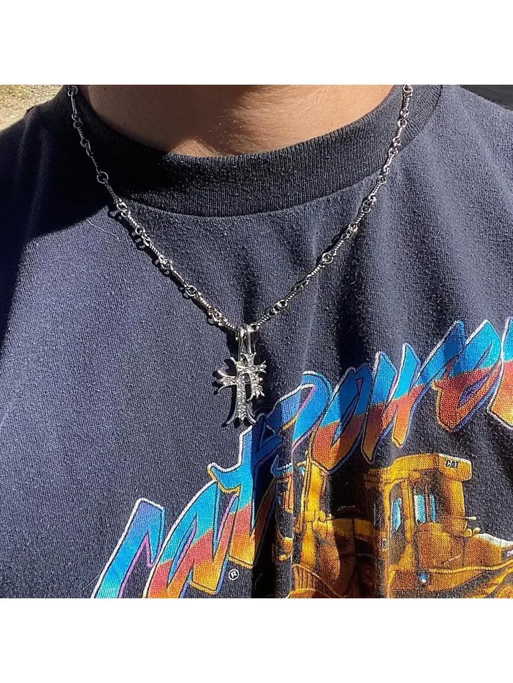 Y2K Vintage Silver Cross Stone Necklace 19.5 Inch